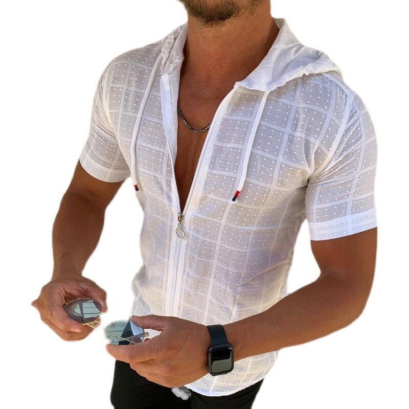 Men's Summer Short Sleeve Mesh Plaid Zipper Shirt Sexy Transparent See Through Shirt Tops S-3XL