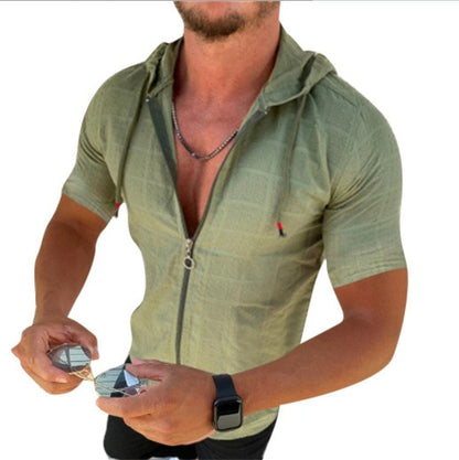 Men's Summer Short Sleeve Mesh Plaid Zipper Shirt Sexy Transparent See Through Shirt Tops S-3XL