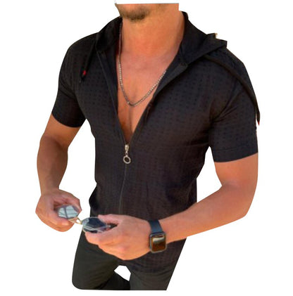 Men's Summer Short Sleeve Mesh Plaid Zipper Shirt Sexy Transparent See Through Shirt Tops S-3XL