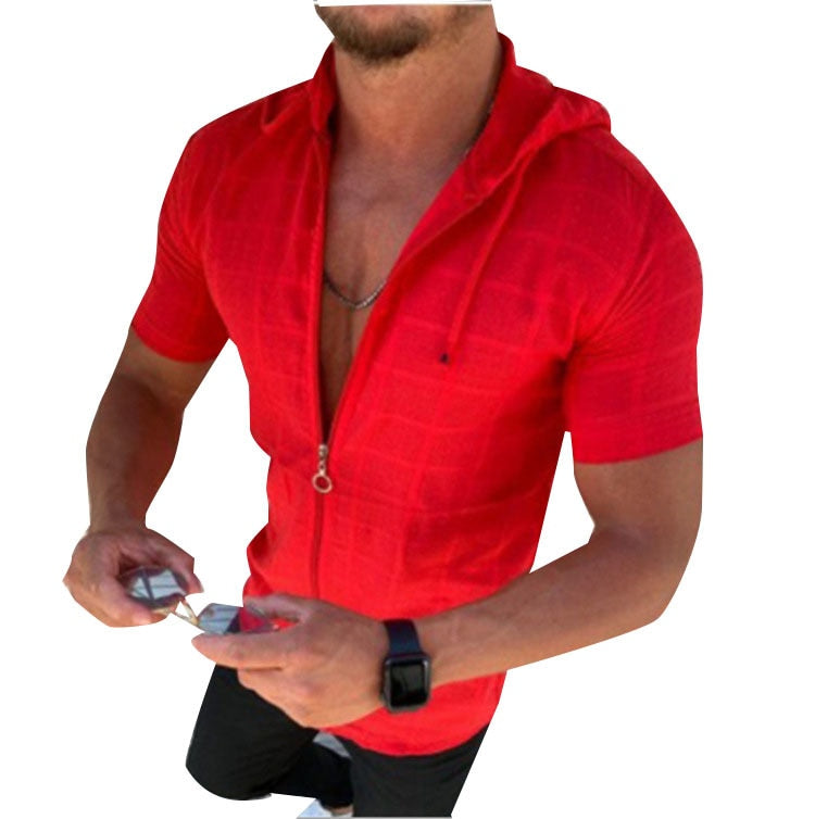 Men's Summer Short Sleeve Mesh Plaid Zipper Shirt Sexy Transparent See Through Shirt Tops S-3XL