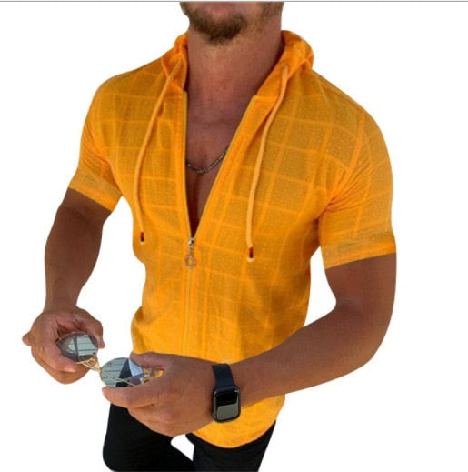 Men's Summer Short Sleeve Mesh Plaid Zipper Shirt Sexy Transparent See Through Shirt Tops S-3XL