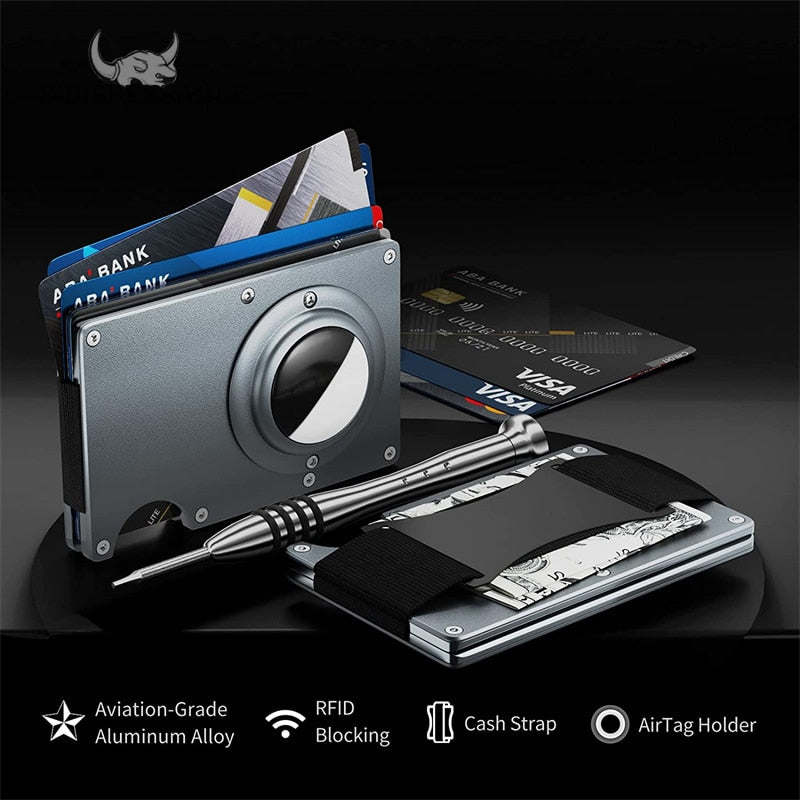 Airtag Man Wallet Apple Airtag compatible Card Holder Rfid Aluminum Case Metal Credit ID Slim Business Cardholder Cash Strap Carbon Fiber